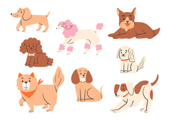 Obraz premium Playful and Calm Dog Illustration Set. A collection of eight dog illustrations featuring breeds like dachshund, and beagle in playful and relaxed poses. Perfect for pet and animal-themed designs