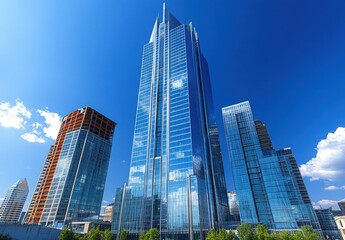Fototapeta premium Modern Architectural Marvels in a Urban Landscape with Clear Blue Sky and Reflections on Glass Facades Showcasing Innovative Design and Construction Techniques