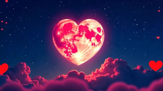 The moon is pink in the shape of a heart, in the night sky with clouds. A Valentine's Day card. Generative 4k video