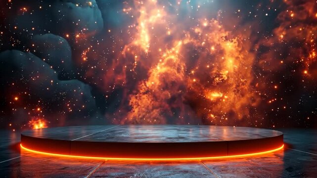 A glowing circular platform in a vibrant, smoky backdrop of orange and blue hues.