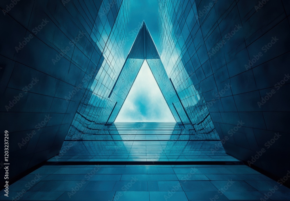 Poster modern architectural symmetry captured in a stunning blue-tinted perspective, showcasing a triangula