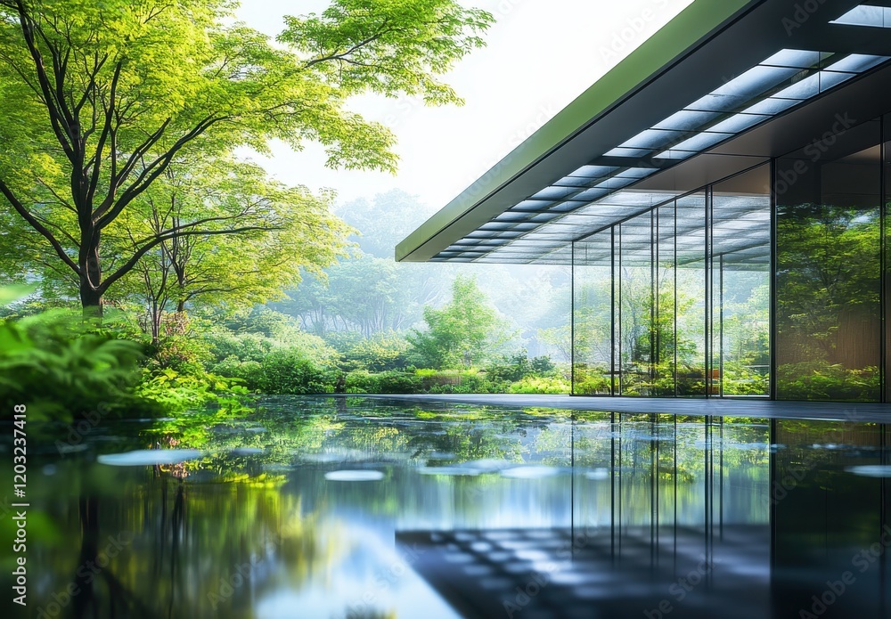 Poster modern architecture surrounded by lush greenery and a serene reflective pond, showcasing harmony bet