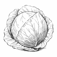 Whole cabbage in black and white line art illustration
