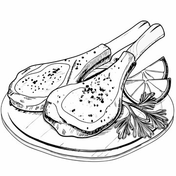 black and white lamb chops on wooden board clip art preview