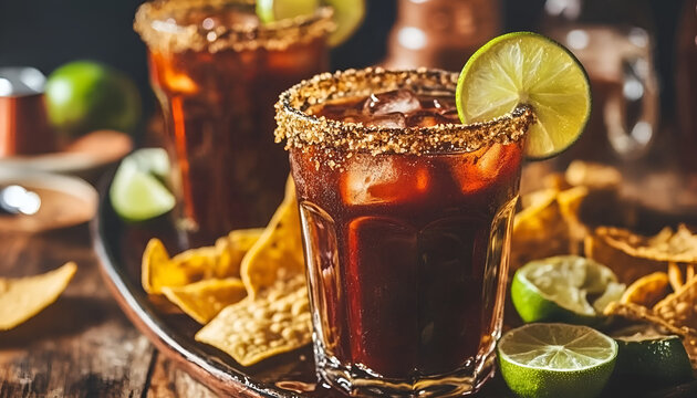 Michelada (Mexican Bloody Beer) with Spisy Rim and Tomato Juice served with Limes and Nacho Chips. Summer Alcohol Cocktail Michelada