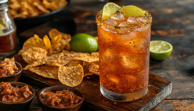 Michelada (Mexican Bloody Beer) with Spisy Rim and Tomato Juice served with Limes and Nacho Chips. Summer Alcohol Cocktail Michelada
