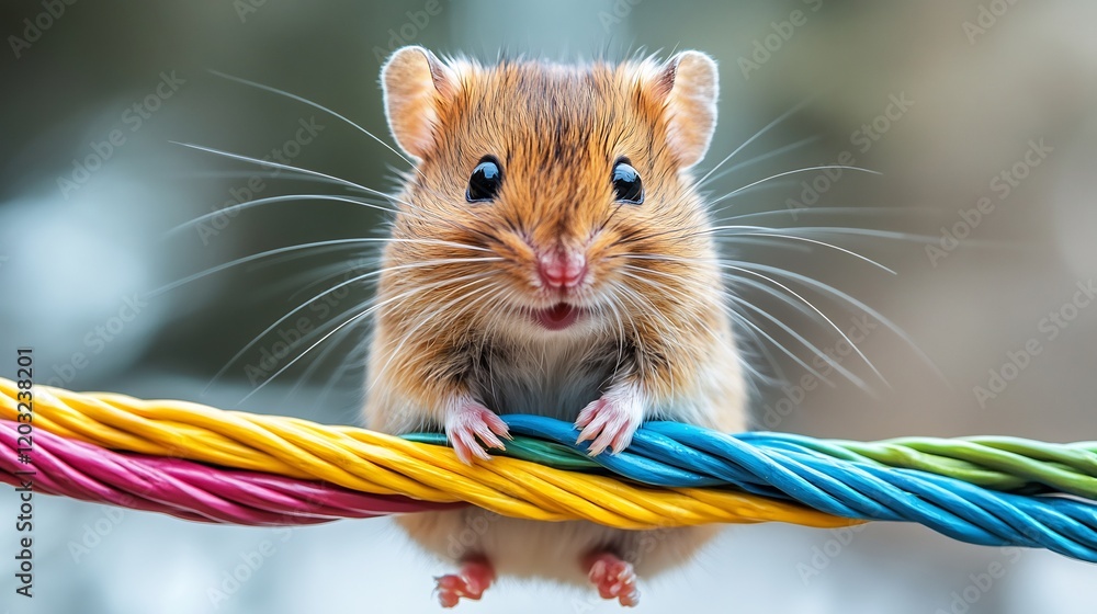 Poster curious mouse nibbling on colorful electrical wires against a stark white minimalistic background em