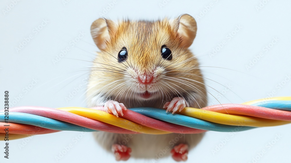 Poster curious mouse nibbling on colorful electrical wires against a stark white minimalistic background em