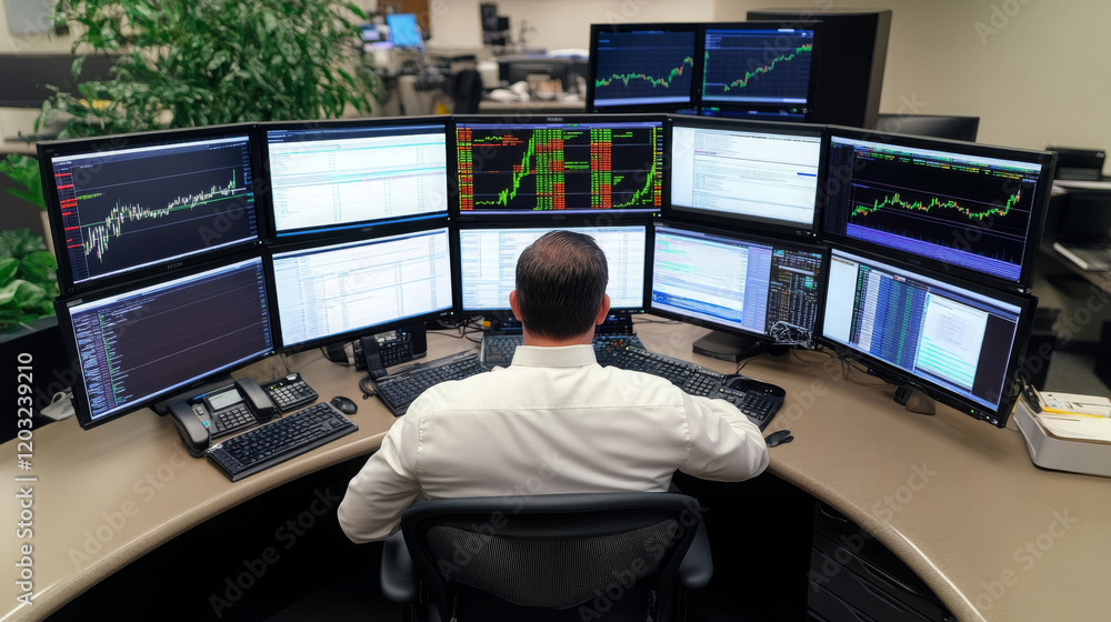 Poster professional trader analyzing market data on multiple screens in modern office. environment is focus