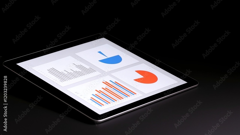 Poster economic benefits productivity concept. tablet displaying colorful data charts on a dark background.