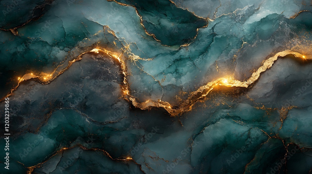Poster deep emerald green marble texture with shimmering gold veins the liquid wave pattern flows across th