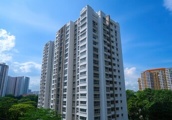 Modern High-Rise Apartment Building Surrounded by Lush Green Trees Under a Bright Blue Sky in an Urban Landscape