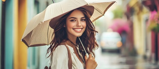 A beautiful smiling young woman walking through the city with an umbrella.