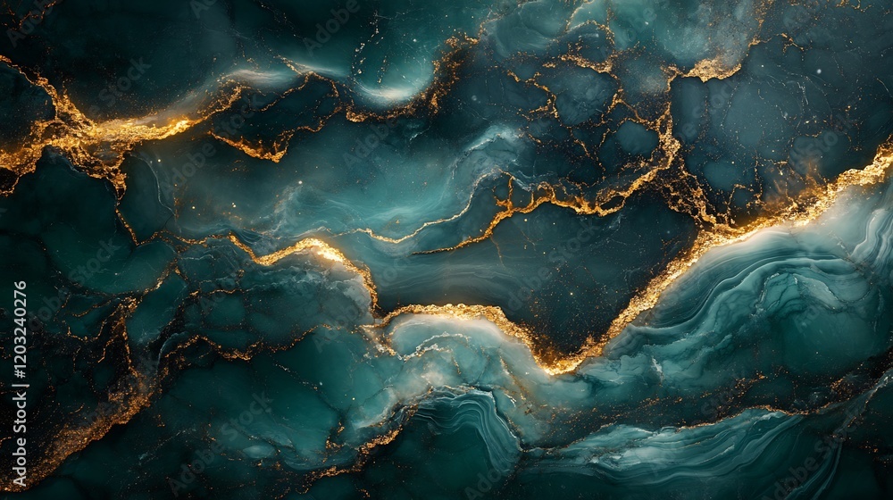 Poster deep emerald green marble texture with shimmering gold veins the liquid wave pattern flows across th