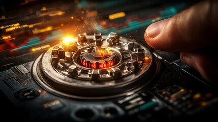 Obraz premium Intricate metallic gear mechanism glows warmly under dramatic lighting a finger delicately interacts. AI Generated