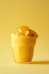 Bright yellow smoothie topped with creamy, luscious texture, inv