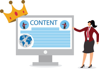 Content strategy for advertising and marketing brand communication or social media idea customer engagement concept businesswoman standing with computer with the word content wearing crown