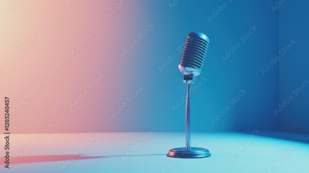 Poster vintage microphone on a stand in a colorful studio setting with soft lighting effects