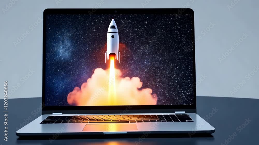 Poster laptop displaying rocket launch into space symbol of innovation and technology against starry backgr