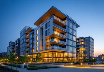 Fototapeta premium Modern Residential Complex Exterior at Dusk with Stylish Architecture and Vibrant Warm Lights Casting a Cozy Glow, Urban Living and Contemporary Design Concept