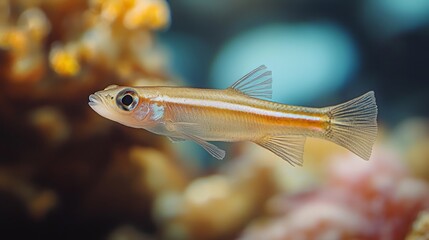Small fish swims in coral reef aquarium