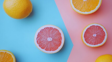 Vibrant citrus fruits playfully arranged on pastel background. AI Generated