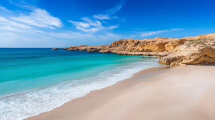 secluded beach with soft white sand and crystal clear turquoise water, surrounded by rocky cliffs under bright blue sky. This tranquil setting invites relaxation and exploration