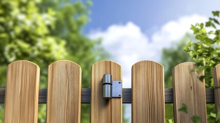 Wooden garden gate hinges gleam brightly sunlight peaceful backyard scene. AI Generated