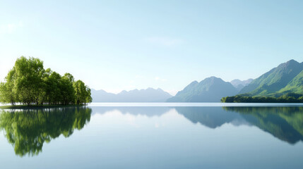 Naklejka premium serene and peaceful lakeside scene with calm water reflecting mountains and trees. tranquil atmosphere invites relaxation and contemplation, showcasing nature beauty