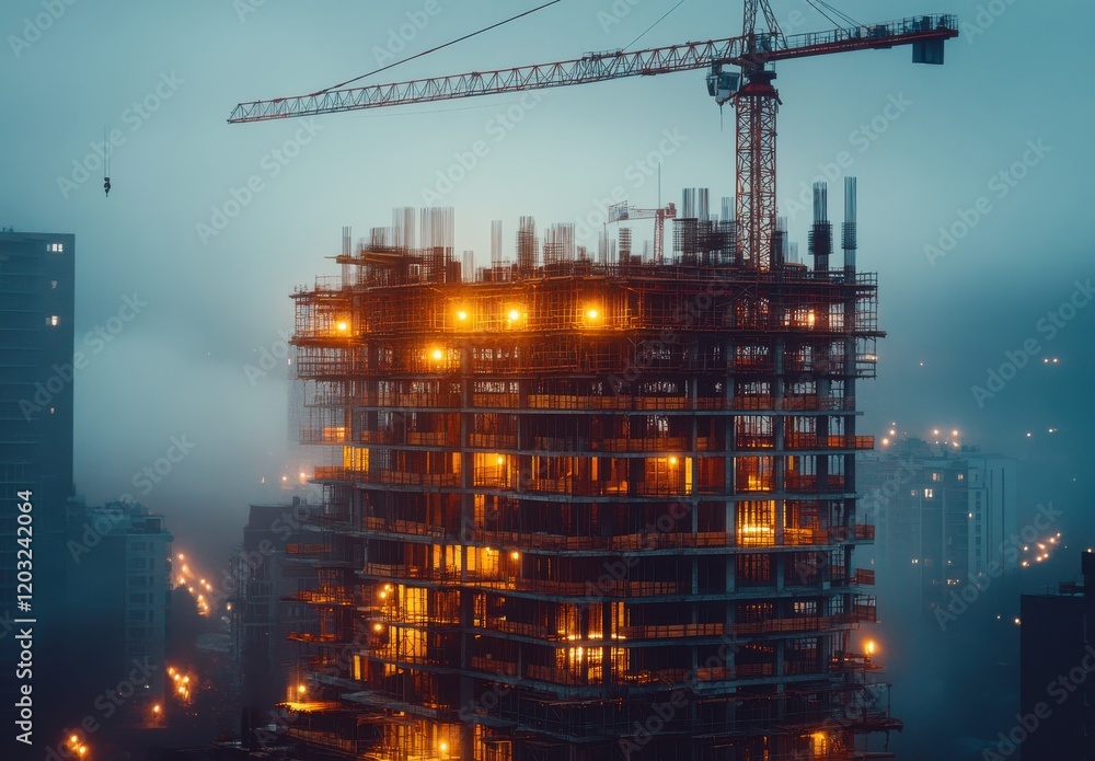 Poster modern urban building under construction at dusk with crane in fog displaying warm lights and citysc