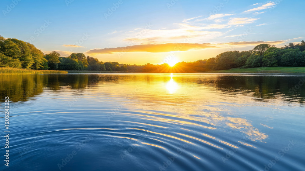 Poster serene lakeside view at dusk with sun setting over calm waters, creating beautiful reflections and r