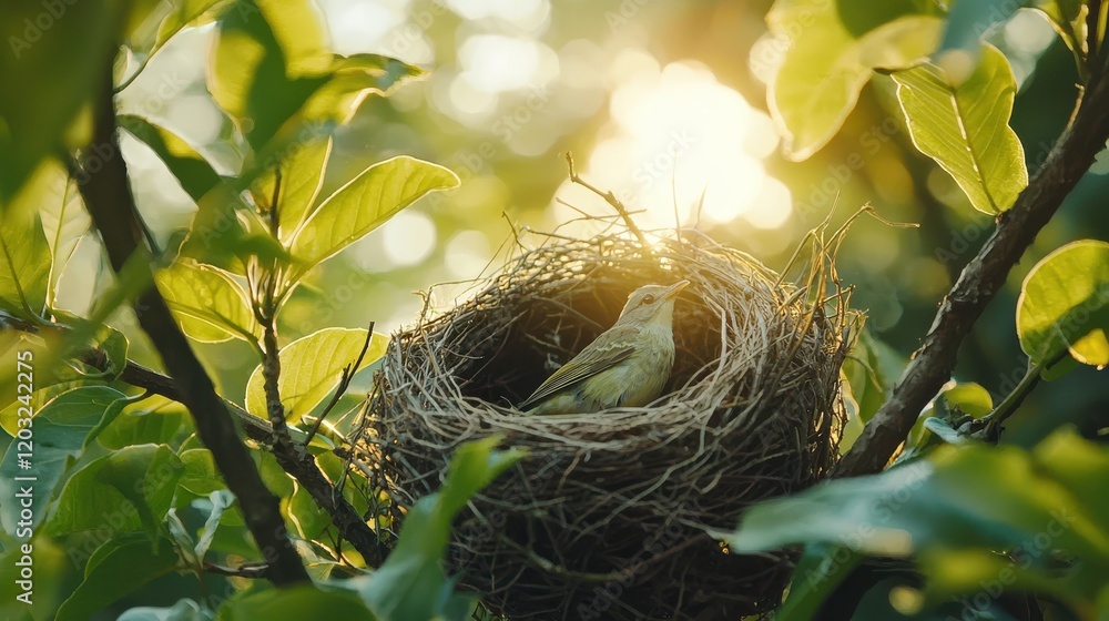 Poster close up of bird nest in tree, showcasing bird resting peacefully as sunlight filters through leaves