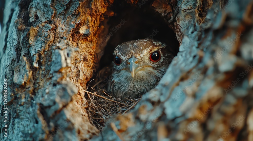 Aufkleber close up of bird nest in tree, showcasing bird with striking eyes peering out. natural textures of t