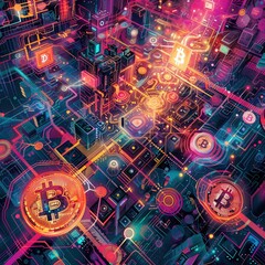 Design a visually compelling artwork that encapsulates the essence of online cryptocurrency communities from a frontal perspective Infuse elements such as blockchain technology, digital assets