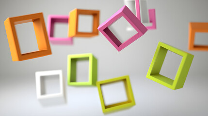 A chaotic cluster of overlapping squares and rectangles in various sizes and bright colors creating visual tension 