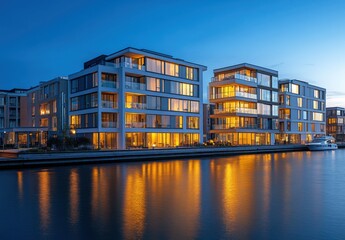 Modern waterfront apartment building reflecting in calm water during twilight, showcasing architectural beauty and serene urban living in vibrant cityscape setting