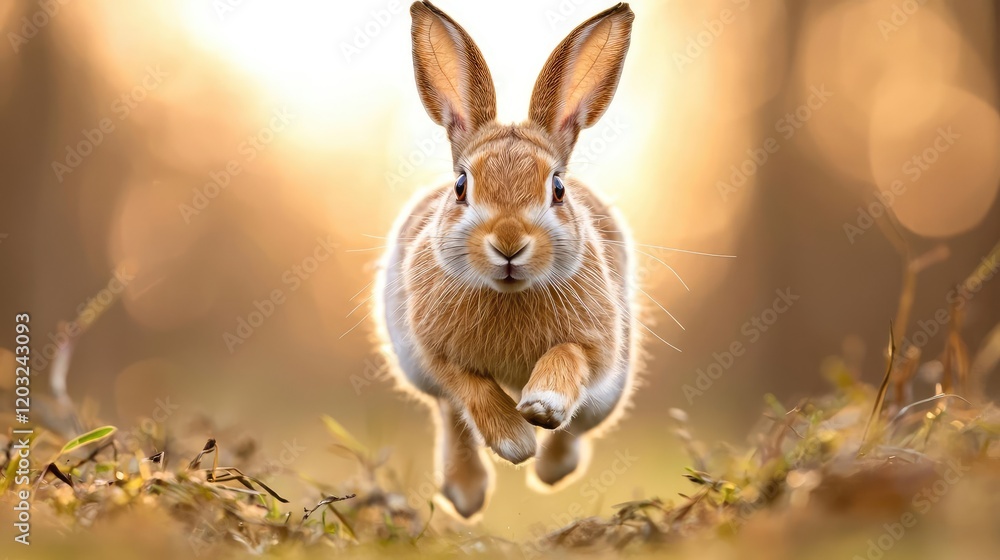 Wall mural rabbit running towards camera at sunset in forest