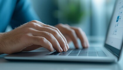 Typing on laptop closeup Close-up of hands typing on a laptop keyboard, with a blurred background suggesting a modern workspace.