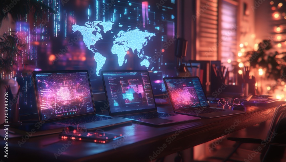 Aufkleber modern workspace featuring multiple laptops with high-tech user interface designs against a colorful