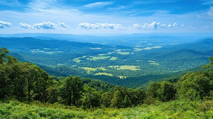 Naklejka premium picturesque mountain landscape with clear blue sky and lush greenery. expansive view showcases rolling hills and valleys, creating serene and tranquil atmosphere