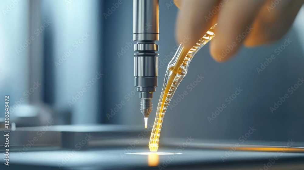Poster close up of hand using precision tool to apply liquid material in modern manufacturing process. intr