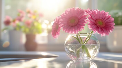 Pink gerbera daisies in glass vase illuminated by sunlight on table