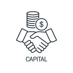 Combine financial resources. Merger, increase of capital.Cooperation in finance. Vector linear icon isolated on white background.