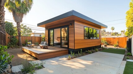 A modern, wooden house with large windows, a patio, and surrounded by greenery, situated in a tranquil outdoor setting.