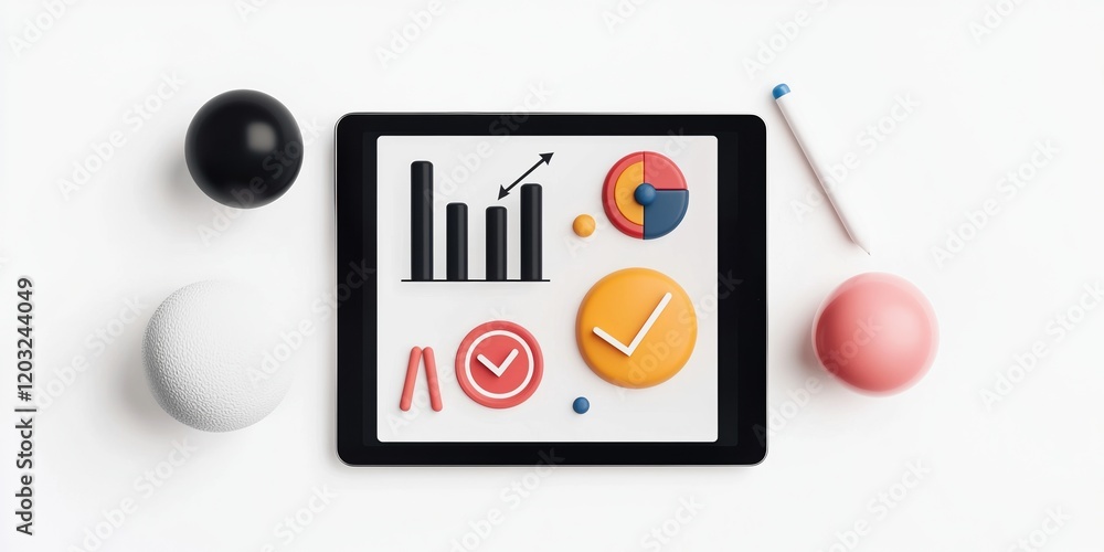 Poster living standards education concept. digital tablet displaying graphs and charts with colorful elemen
