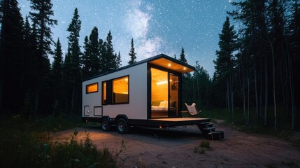 A modern camper trailer illuminated at night, surrounded by tall trees under a starry sky, showcasing a cozy outdoor living space.