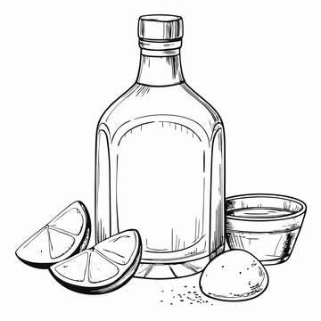 tequila bottle, lime slices, salt, monochrome clip art preview