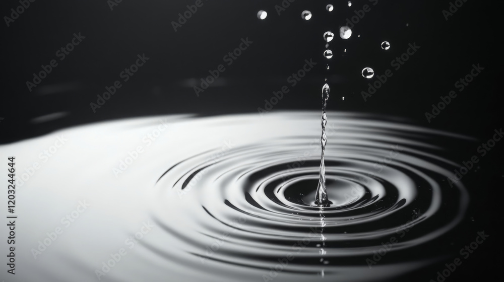 Poster close up of raindrops splashing into calm water surface, creating ripples and reflections. serene mo