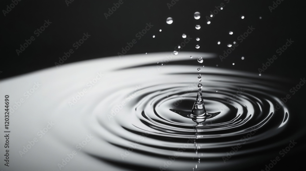 Poster close up of water droplets splashing into calm pool, creating ripples and serene atmosphere. contras