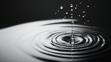 close up of water droplets splashing into calm pool, creating ripples and serene atmosphere. contrast of light and dark enhances beauty of moment